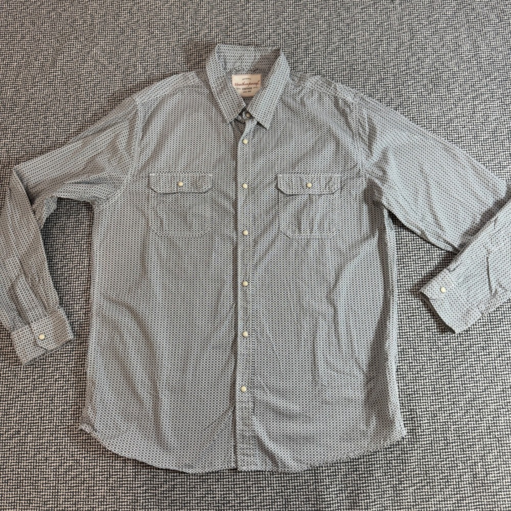 Weatherproof Vintage Mens Large Pearl Snap Shirt Navy White Geometric Print L